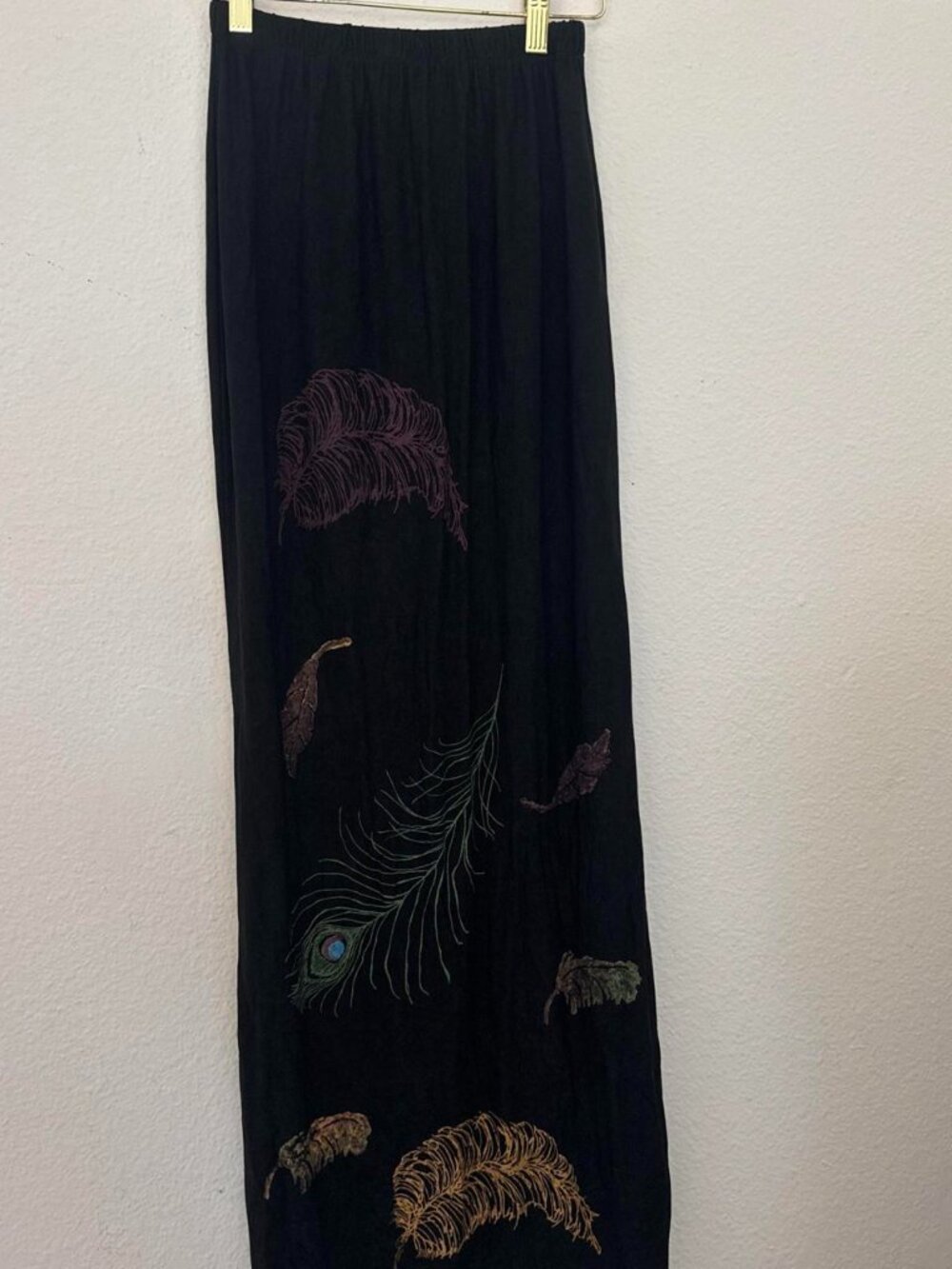 Staley Gretzinger black maxi skirt with embroidered feathers in gold and